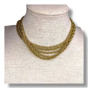 Vintage Gold Tone Choker Layered Chain Necklace Retro 5 Layers Glam 70s Era